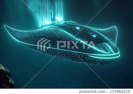 Glowing stingray-shaped submarine purifying the ocean floor while exploring deep marine environments 135960229