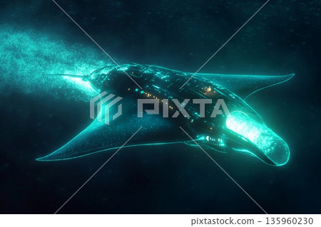 Glowing stingray-shaped submarine purifying the ocean floor while exploring deep marine environments 135960230