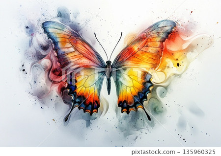Watercolor butterfly with wings dissolving into air captures vibrant colors in motion 135960325