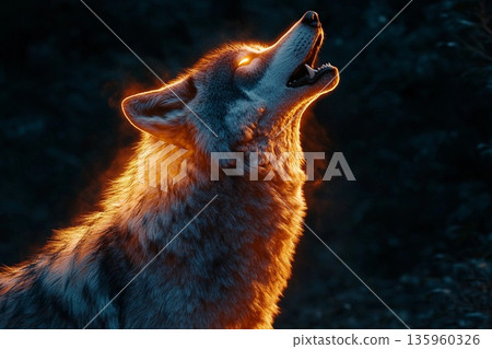 Massive glowing wolf howling into the night under a starry sky, surrounded by trees and foliage 135960326