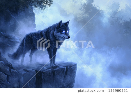 Wolf with radiant eyes reflects the power of the moon in a mystical forest setting under twilight sky 135960331
