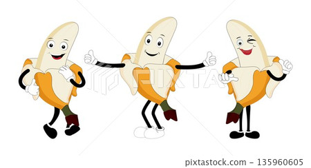 Banana Set funny cartoon trendy style fruit character. Ripe banana and banana peel in flat style. Doodle comic illustration dancing banana 135960605