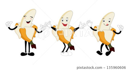 Banana Set funny cartoon trendy style fruit character. Ripe banana and banana peel in flat style. Doodle comic illustration dancing banana Banana Set funny cartoon trendy style fruit character. Ripe banana and banana peel in flat style. Doodle comic illustration dancing banana 135960606