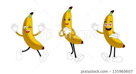 Banana Set funny cartoon trendy style fruit character. Ripe banana and banana peel in flat style. Doodle comic illustration dancing banana Banana Set funny cartoon trendy style fruit character. Ripe banana and banana peel in flat style. Doodle comic illustration dancing banana 135960607