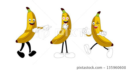 Banana Set funny cartoon trendy style fruit character. Ripe banana and banana peel in flat style. Doodle comic illustration dancing banana Banana Set funny cartoon trendy style fruit character. Ripe banana and banana peel in flat style. Doodle comic illustration dancing banana 135960608