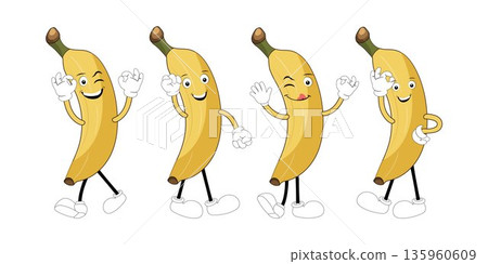 Banana Set funny cartoon trendy style fruit character. Ripe banana and banana peel in flat style. Doodle comic illustration dancing banana Banana Set funny cartoon trendy style fruit character. Ripe banana and banana peel in flat style. Doodle comic illustration dancing banana 135960609