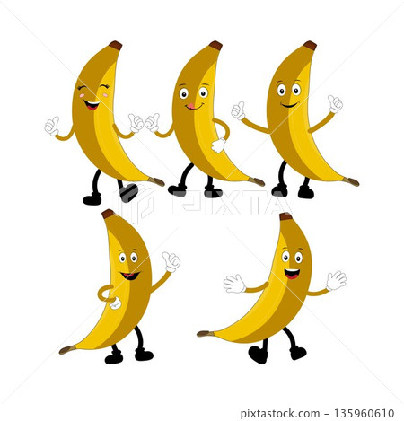 Banana Set funny cartoon trendy style fruit character. Ripe banana and banana peel in flat style. Doodle comic illustration dancing banana Banana Set funny cartoon trendy style fruit character. Ripe banana and banana peel in flat style. Doodle comic illustration dancing banana 135960610