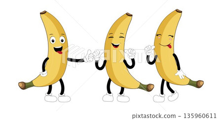 Banana Set funny cartoon trendy style fruit character. Ripe banana and banana peel in flat style. Doodle comic illustration dancing banana Banana Set funny cartoon trendy style fruit character. Ripe banana and banana peel in flat style. Doodle comic illustration dancing banana 135960611