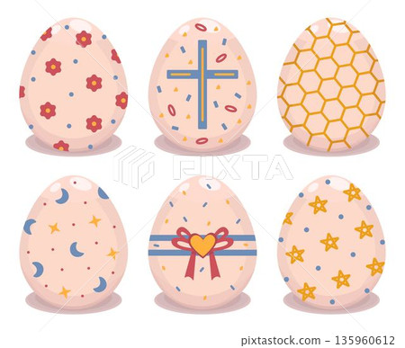 Whimsical color Easter eggs with different patterns, vector icon set. Traditional Eastern European food signs for the holiday. Creative festive pictograms, decorative cliparts in boho palette Whimsical color Easter eggs with different patterns, vector icon set. Traditional Eastern European food signs for the holiday. Creative festive pictograms, decorative cliparts in boho palette 135960612