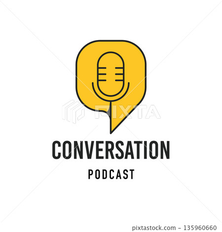 Microphone and speech bubble logo. Podcast, conversation and interview open mic concept design. 135960660