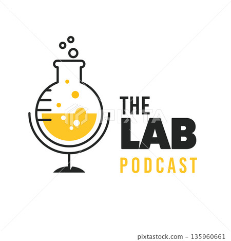 Laboratory flask and microphone logo. Science lab podcast smart concept design. Laboratory flask and microphone logo. Science lab podcast smart concept design. 135960661