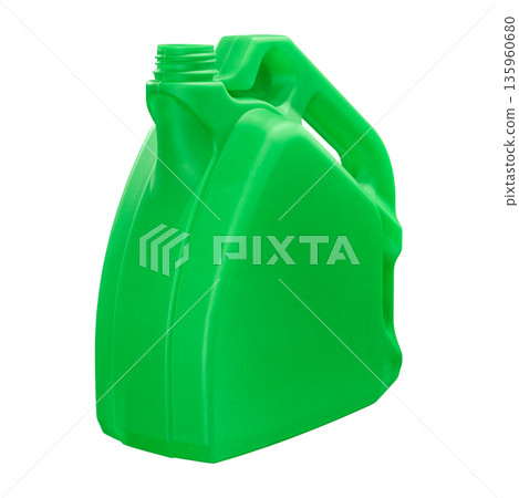 Empty green plastic canister for technical fluids - motor oil, antifreeze, etc. Empty green plastic canister for technical fluids - motor oil, antifreeze, etc. 135960680