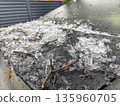 Icy car roof edge with snow and debris frozen into rough granulated texture, showcasing seasonal winter accumulation and rugged outdoor surface detail. 135960705