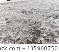 Surface of compacted ice and snow showing uneven frozen texture with granular frost particles covering the ground during a cold winter season outdoors. 135960750