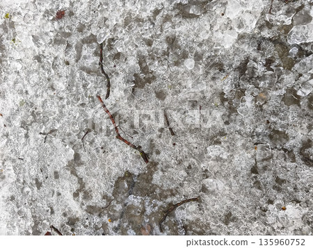 Close-up of ice and soil mixture showing cracks and embedded twigs within rough frozen surface, reflecting harsh winter outdoor ground conditions. Close-up of ice and soil mixture showing cracks and embedded twigs within rough frozen surface, reflecting harsh winter outdoor ground conditions. 135960752