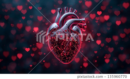A mechanical cyber heart on a bright retro background. Concept for a modern, digitalized Valentine's Day and cybersecurity 135960770
