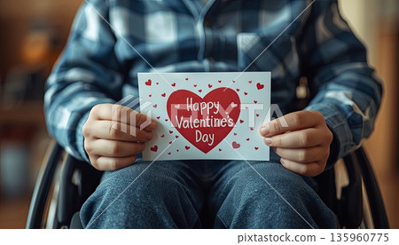 A disabled boy sits in a wheelchair and holds a Valentine's Day card. The concept is about Valentine's Day, inclusivity, love for others, and caring. 135960775