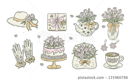 Spring Floral Hand Drawn Doodle Set Collection Flower, Tulip, Gift Box, Cake, Accessories And Cute Coquette Feminine Girly 8 March Mothers Day Collection Spring Floral Hand Drawn Doodle Set Collection Flower, Tulip, Gift Box, Cake, Accessories And Cute Coquette Feminine Girly 8 March Mothers Day Collection 135960786