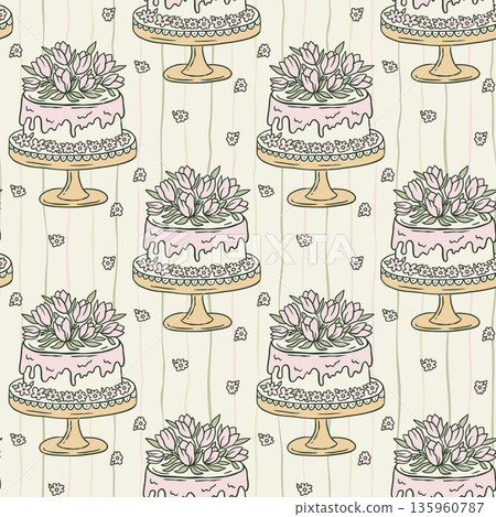 Birthday Greeting Cake Seamless Vector Pattern Floral Tulips, Striped Cottagecore Spring Design 135960787