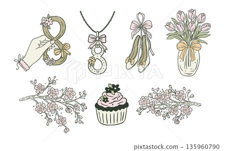 Spring Hand Drawn Doodle Sketch Set Collection With Tulip, Sakura Flower, March 8, Feminine Shoes And Cupcake Spring Hand Drawn Doodle Sketch Set Collection With Tulip, Sakura Flower, March 8, Feminine Shoes And Cupcake 135960790