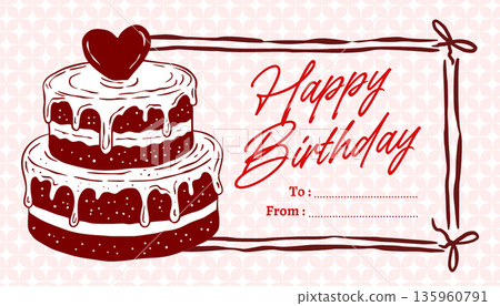 Coquette Doodle Style Hand Drawn Birthday Tag With Heart Cake For Gift Wrapping Or Sticker Use Coquette Doodle Style Hand Drawn Birthday Tag With Heart Cake For Gift Wrapping Or Sticker Use 135960791