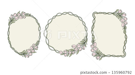 Spring Coquette Floral Tulip Frame Vector Set Handdrawn Whimsical Girly Design for Card, Invitation, Label, Tag, Poster Spring Coquette Floral Tulip Frame Vector Set Handdrawn Whimsical Girly Design for Card, Invitation, Label, Tag, Poster 135960792
