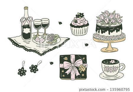 Spring Coquette Hand Drawn Doodle Sketch Set With Picnic, Gift Box, Earrings, Cupcake, Birthday Cake And Drink 135960795