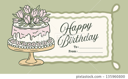 Coquette Doodle Birthday Tag With Floral Cake And Tulips For Printable Gift Label Or Card Design 135960800