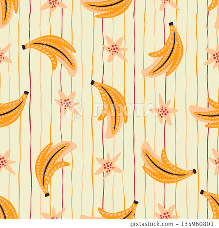 Jungle Papaya Fruit Banana Leaves And Flowers Exotic Whimsical Seamless Tropical Vector Pattern 135960801