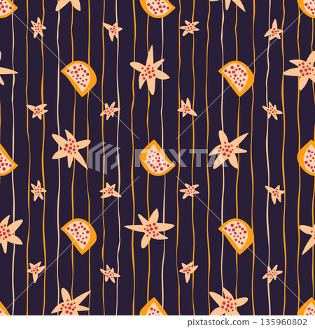 Jungle Papaya Fruit Banana Leaves And Flowers Exotic Whimsical Seamless Tropical Vector Pattern 135960802