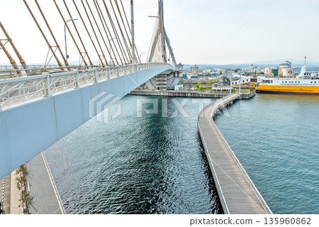 An urban landscape where the Aomori Bay Bridge spanning Aomori Port and La Bridge, a promenade built over the sea, intersect 135960862