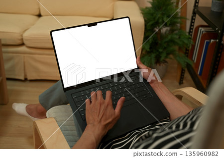 Man using laptop computer blank screen modern design while lying on armchair 135960982