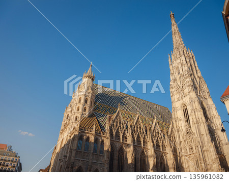 Summer view of Vienna Stephansplatz with iconic cathedral and surrounding old town streets, historic architecture, lively city atmosphere, European travel destination, cultural urban scene. Summer view of Vienna Stephansplatz with iconic cathedral and surrounding old town streets, historic architecture, lively city atmosphere, European travel destination, cultural urban scene. 135961082