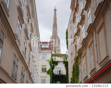 view from street on Historic Saint Stephens Cathedral on Stephansplatz square during summer day in Vienna. Tourists walk near Gothic architecture landmarks of Austrian capital city. 135961115
