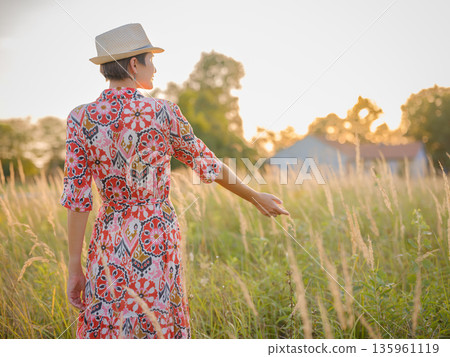 Young woman walking through picturesque European field in late summer. Golden sunlight, lush greenery, and serene rural atmosphere create peaceful countryside scene. Young woman walking through picturesque European field in late summer. Golden sunlight, lush greenery, and serene rural atmosphere create peaceful countryside scene. 135961119