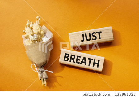 Just Breathe symbol. Wooden blocks with words Just Breathe. Beautiful orange background with bouquet of flowers. Business and Just Breathe concept. Copy space. Just Breathe symbol. Wooden blocks with words Just Breathe. Beautiful orange background with bouquet of flowers. Business and Just Breathe concept. Copy space. 135961323