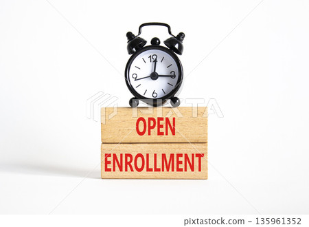 Open Enrollment symbol. Wooden blocks with words Open Enrollment. Beautiful white background with alarm clock. Business and Open Enrollment concept. Copy space. 135961352
