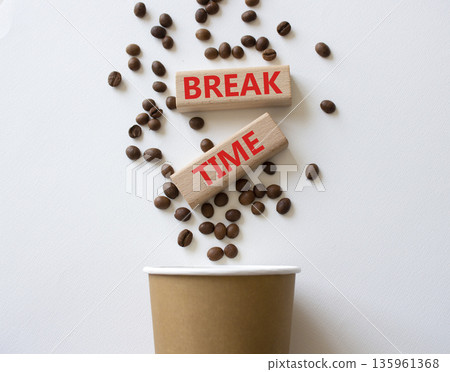 Break Time symbol. Concept words Break Time on beautiful wooden picture frame. Beautiful white background with coffee cup and coffee beans. Business and Break Time concept. Copy space. 135961368