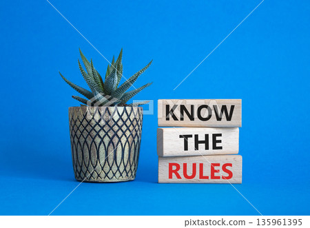 Know the rules symbol. Wooden blocks with words Know the rules. Beautiful blue background with succulent plant. Business and Know the rules concept. Copy space. Know the rules symbol. Wooden blocks with words Know the rules. Beautiful blue background with succulent plant. Business and Know the rules concept. Copy space. 135961395
