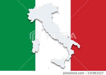 Italy, country silhouette on national flag. Gray outlines of the Italian Republic, with cast shadow on the Tricolore, an horizontal banner of 3 equally sized vertical bands of green, white, and red. Italy, country silhouette on national flag. Gray outlines of the Italian Republic, with cast shadow on the Tricolore, an horizontal banner of 3 equally sized vertical bands of green, white, and red. 135961527