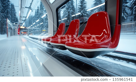 Modern red train seats inside a sleek, contemporary train carriage with large windows Modern red train seats inside a sleek, contemporary train carriage with large windows 135961541