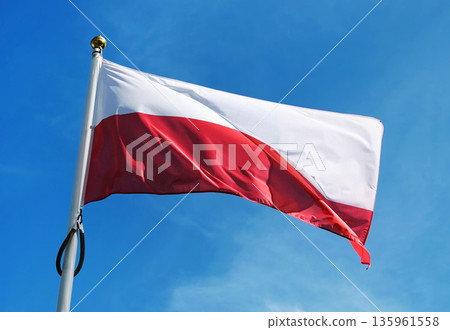 National Flag Of Poland Waving Against The Sky Background 135961558