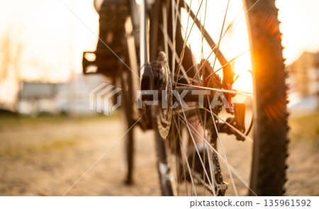Rear Wheel Of Mountain Bike At Sunset 135961592