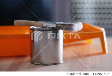 Paint Can With Brush And Paint Tray Paint Can With Brush And Paint Tray 135961596