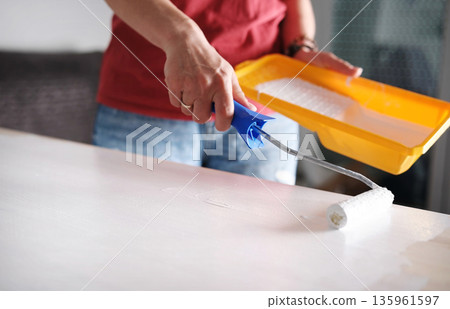 Girl Painting Wooden Board With White Paint Using Roller Girl Painting Wooden Board With White Paint Using Roller 135961597