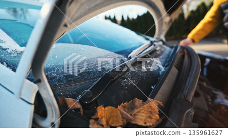 Car Parked With Open Engine Hood 135961627