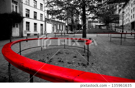 Bright Red Railings On Monochrome City Street Bright Red Railings On Monochrome City Street 135961635