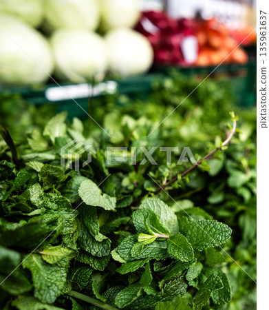 Bunches Of Vibrant Green Mint Leaves At Market 135961637