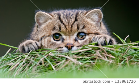 Adorable young kitten with striking green eyes peeks over grass and twigs in a natural setting 135961720