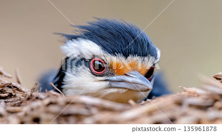 Close-up of a colorful bird peeking out from a nest with a blurred natural background 135961878